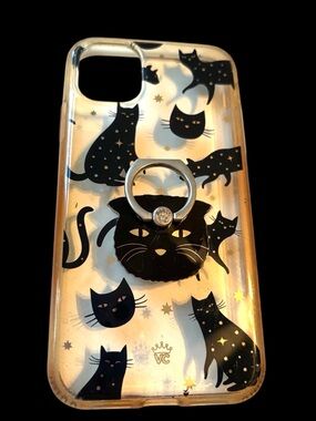 Velvet Caviar Clear Black Cat Pattern IPhone 11 Case with Silver Ring Grip -